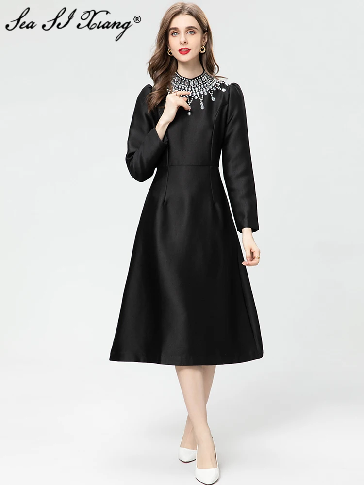 

Seasixiang Fashion Designer Spring Dress Women Stand Collar Long Sleeve Crystal Diamonds Solid Color Vintage Party Dresses