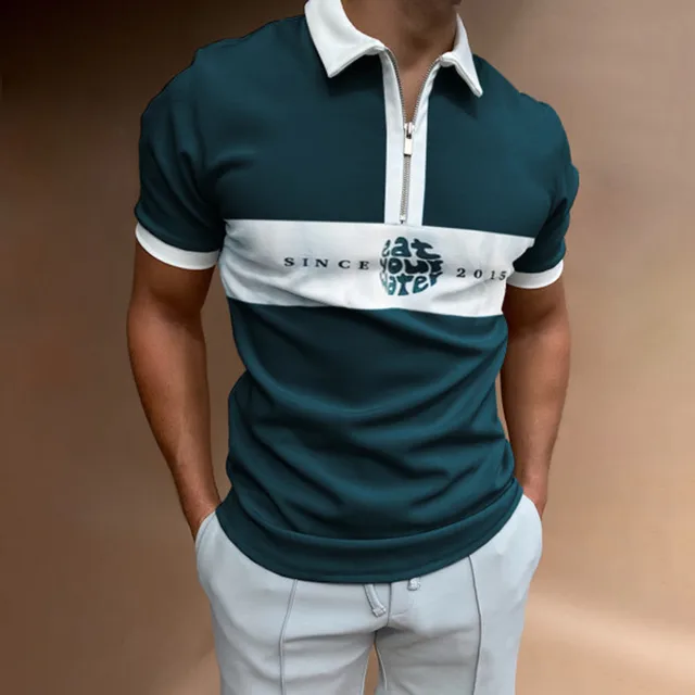 2022 New Style High Quality Men Polo Shirts Casual Patchwork Homme Polo Shirt Short Sleeve Turn-Down Zipper Collar Polo L-010