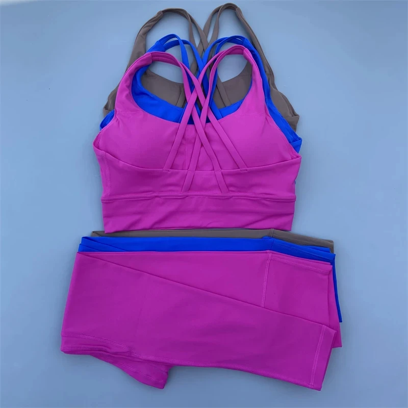 

Solid Color Sexy Gym Yoga Set Tight Cross Sports Bra Top Yoga Pants Leggings Sport Suit 2pcs Workout Butter Soft Women Sportwear