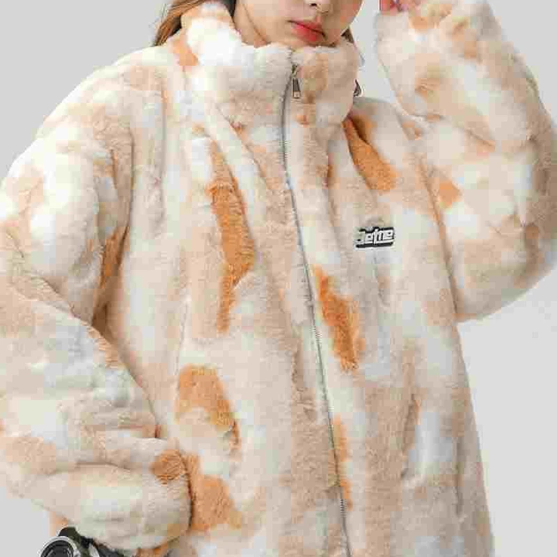 Winter Faux Fur Sweet Style Lamb Wool Jacket Women Short Oversized Tie Dye Zipper Loose Plush Clothing Fashion Warm Outerwear