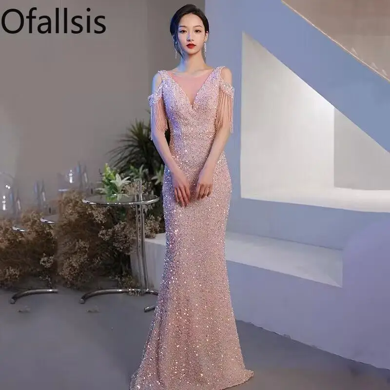 

Ofallsis O neck Sequins Fish Tail Evening Dress 2024 New Banquet Style Off Shoulder Long Host Celebrity Light Luxury Dresses