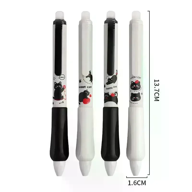 4PCS 푸시 버튼 지울 수 있는 펜, 검은색 새끼 고양이 디자인, 고품질 0.5mm 두께, 초등학생에게 적합