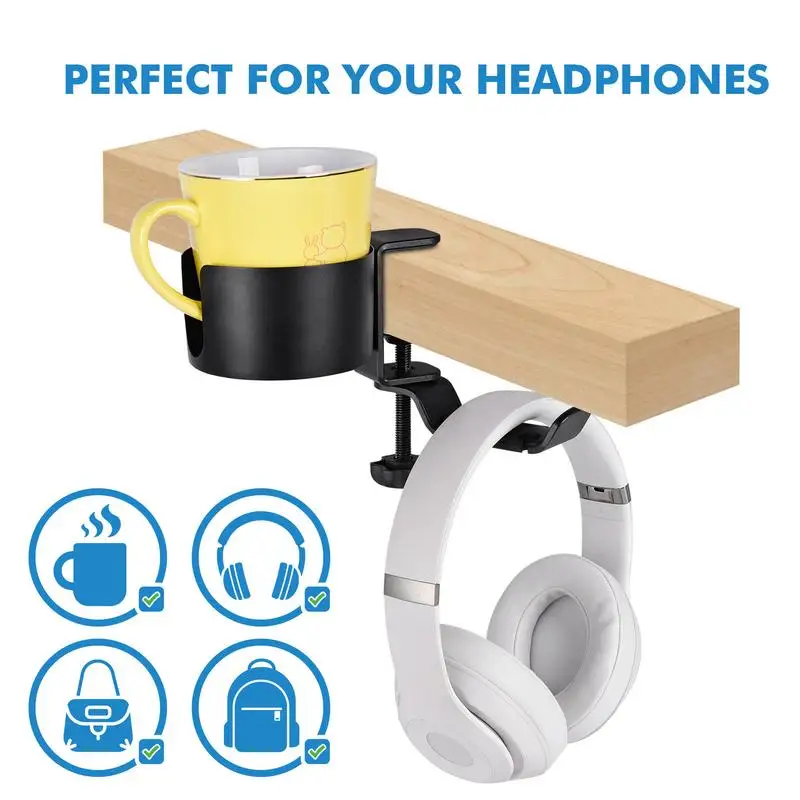 2 In 1 Headphone Holder Universal Gaming Headset Hanger Mount Desktop Computer Desk Fixed Cup Holder Drink Cup Mug Rack