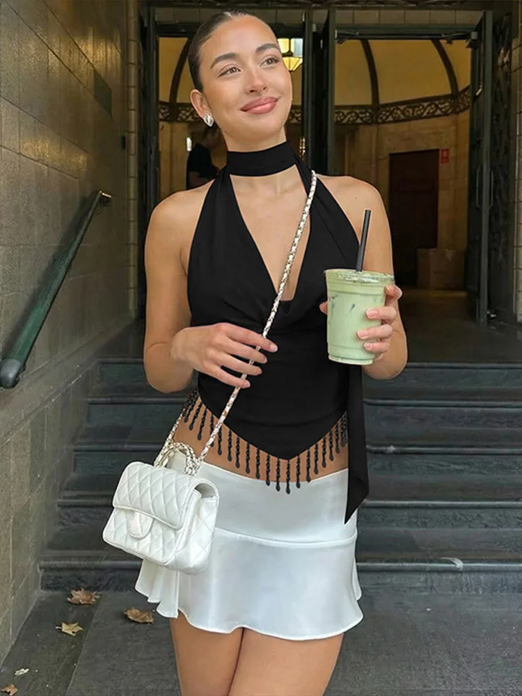 Quasten-Patchwork Neckholder-Top mit Schnürung für Damen, Sexy V-Ausschnitt, Ärmellos, Rückenfrei, Unregelmäßiger Saum, Crop-Top, Neue Abendmode für Partys – Detail 8