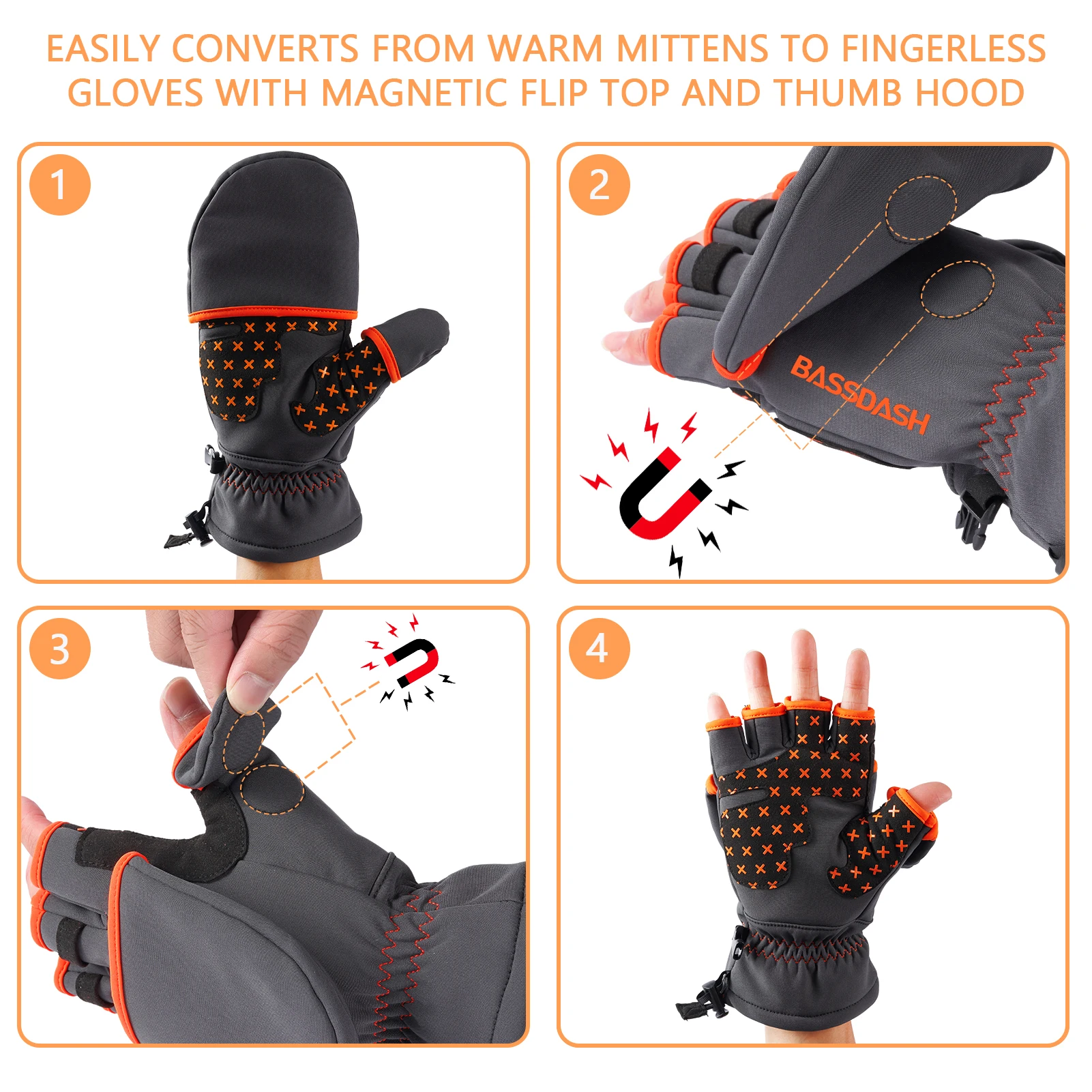 BASSDASH WinteFlex Insulated Convertible Mittens Fingerless Gloves