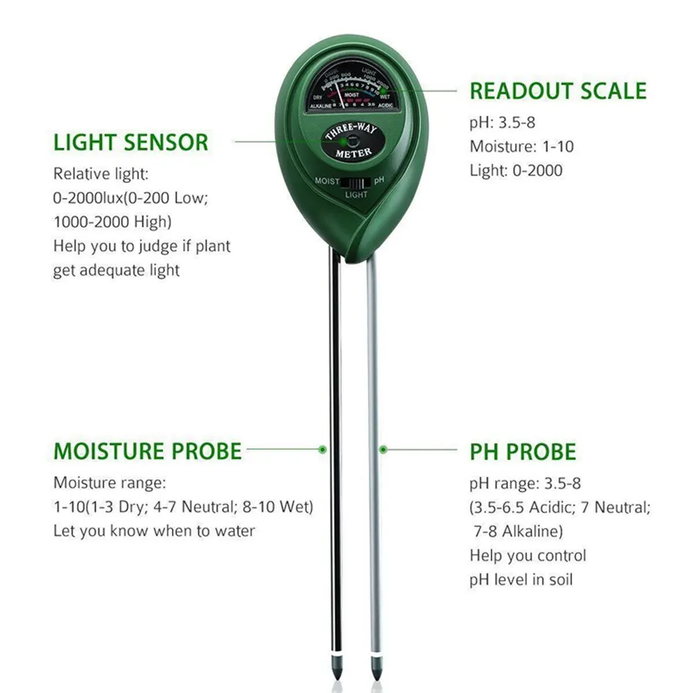 Soil Moisture Sensor Soil Moisture Meter 3 In1 Moisture Sunlight PH Meter Soil Water Acidity Humidity Light PH Test Garden Plants Flowers Moist Tester