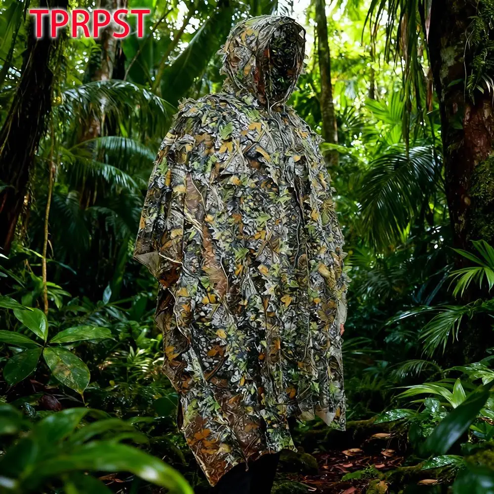 Poncho Ghillie camouflage universel léger feuilles 3D pêche chasse enfants adultes taille unique