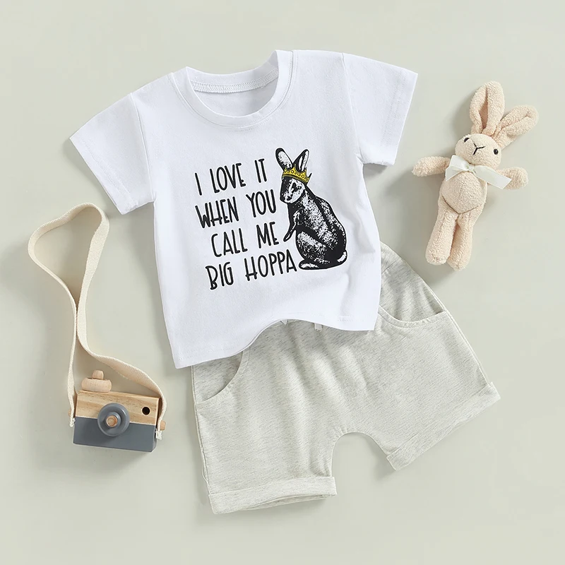 

Newborn Baby 2Pcs Easter Outfits Casual Short Sleeve Bunny Letter Print Top + Shorts 2pcs Clothes Sets For Infant Boy Girl 0-24M