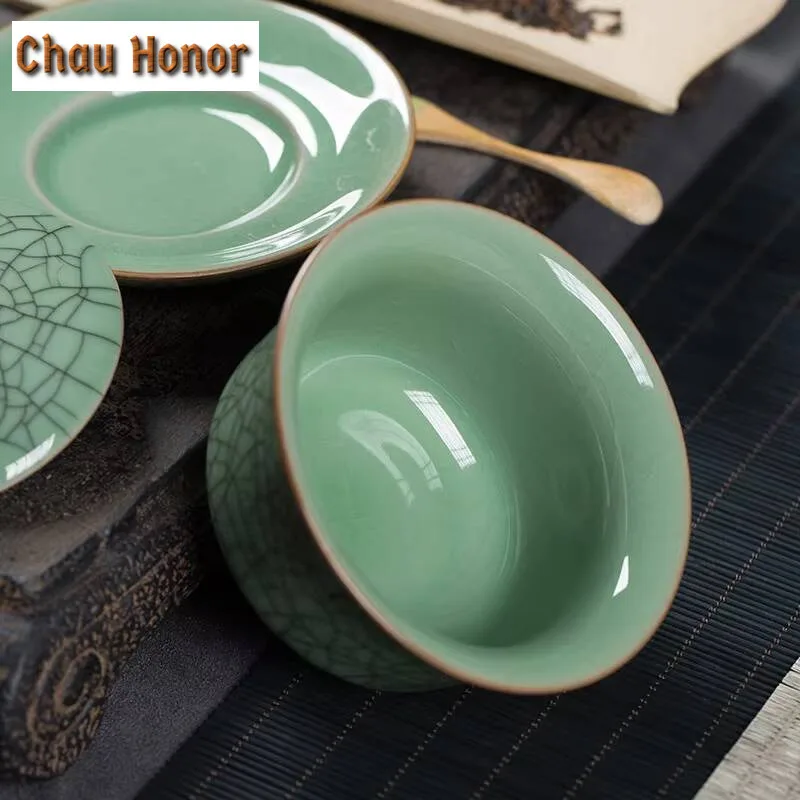 135ml Chinese Longquan Celadon Kung Fu Tea Set Manual Sancai Cover Bowl Ceramic Ge Kiln Ice Crack Hand Grab Tea Bowl Drinkware