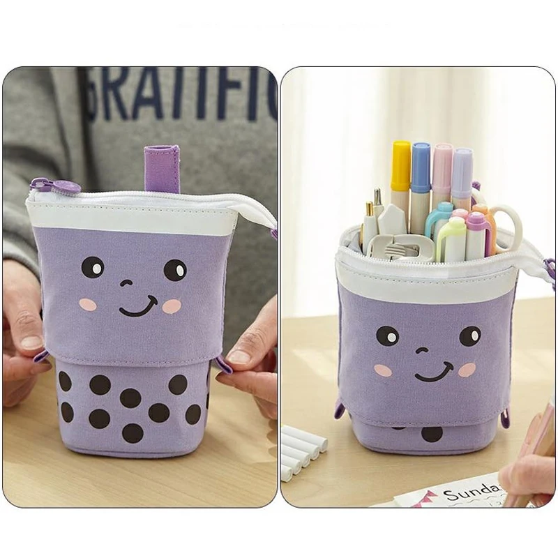 Kawaii Stationery Pearl Milk Tea Pencil Case Canvas Stand Up Pop Up Pencil Box Cute Pouch Makeup Pen Bag School Supplies pencil cases stationery box pen storage bag