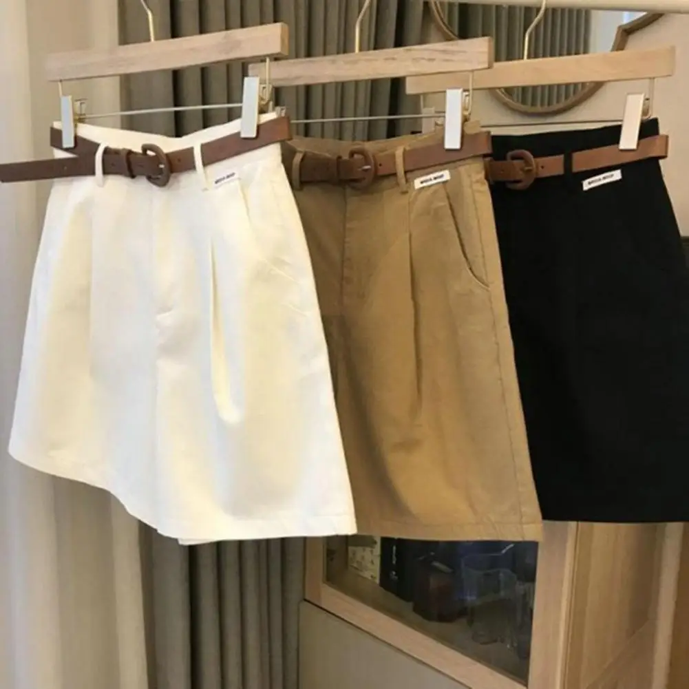 

Women Summer Shorts A-line Solid Color With Belt High Waist Suit Shorts Loose Pockets Zipper Button Closure Lady Dating Commute