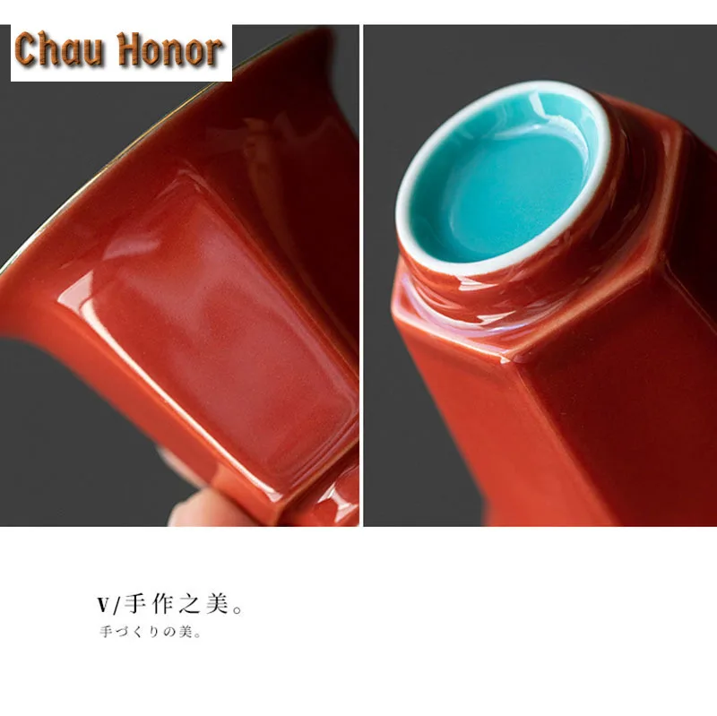 2pc/set Handmade Palace Red Glaze Ceramic Teacup Household Small Tea Tasting Cup Kung Fu Teaset Puer Master Cup Hexagon Cup 25ml