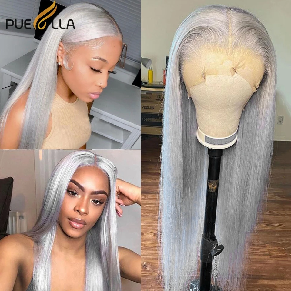 13x6 Lace Frontal Wig Preplucked Gray Straight Lace Front Wig Remy Brazilian Silver Grey Colored Human Hair Wigs For Women