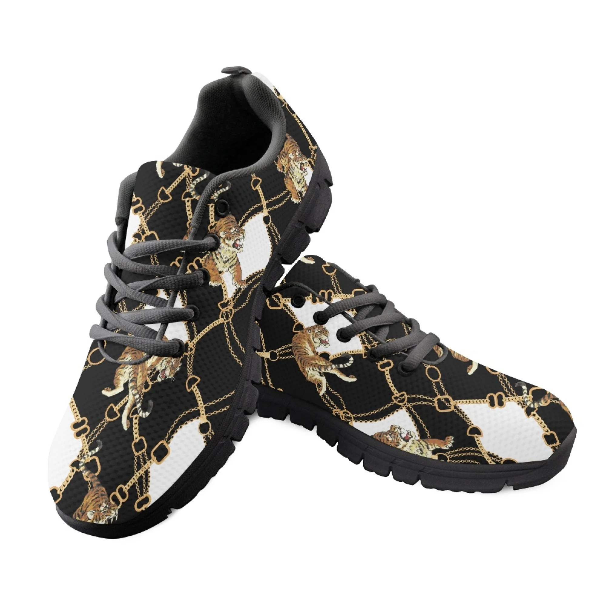 Yikeluo Men Baroque Chain Tiger Print Casual Sneakers Breathable Sport Flat Shoes for men Lightweight Lace Up Footwear Zapatos