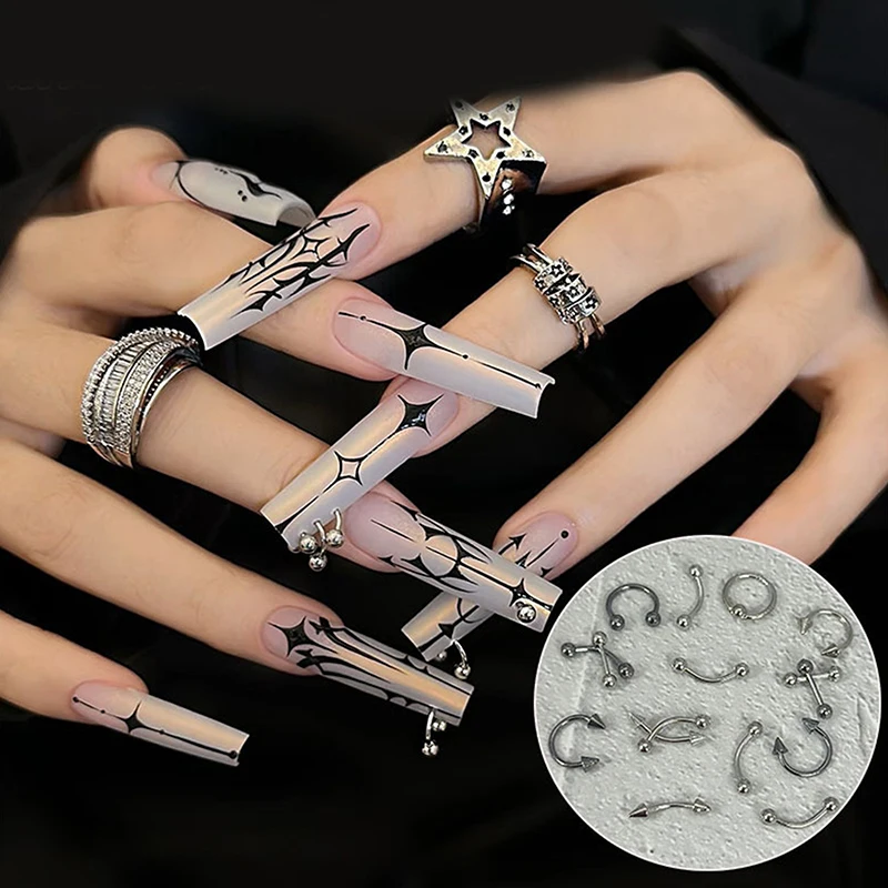 30 teile/schachtel 6 Grids Nagel Piercing Punk Charme Metall Legierung Durchbohrt Schwarz/Weiß Nagel Schmuck Dekor 3D Nagel Versorgung für Cool Girl – Detail 2