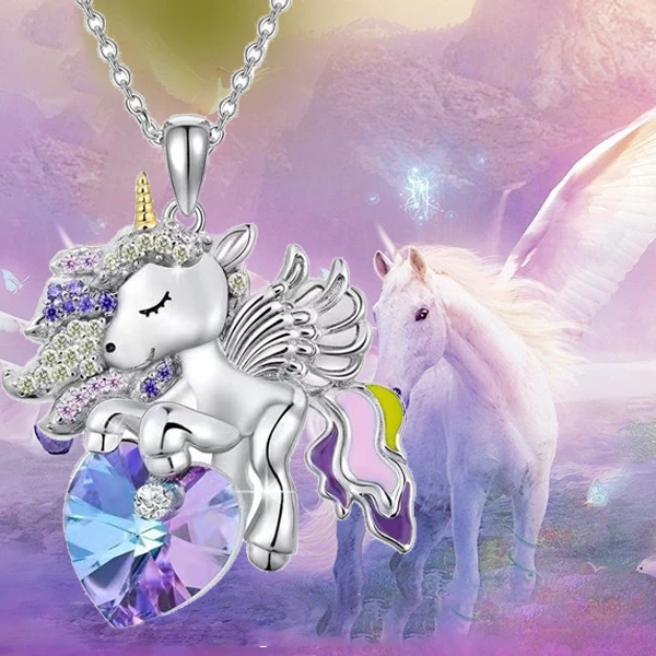 Unicorn Necklace for Women Wing Pony Animal Blue Purple Crystal Heart Color  Drip Oil Pendant Jewelry