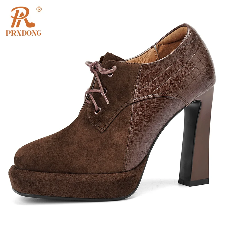 

Женские туфли-лодочки на высоком каблуке PRXDONG, черные или коричневые туфли-лодочки в стиле ретро на платформе, со шнуровкой, размеры 34-39, весна-осень 2024