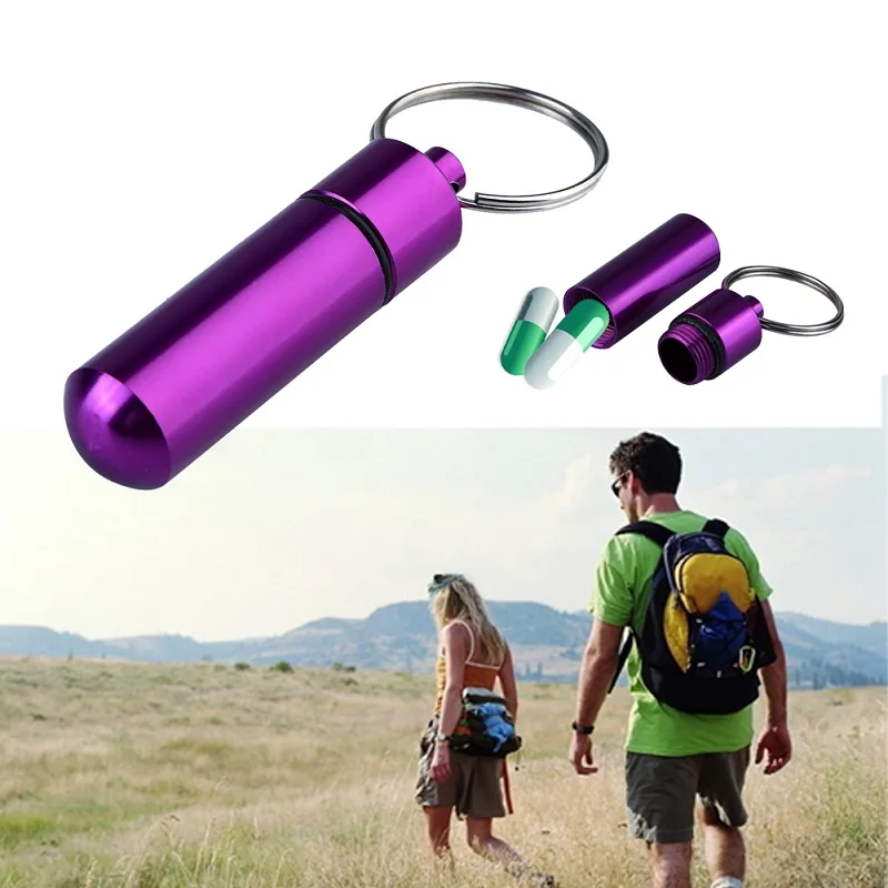 Portable Aluminum Alloy Waterproof Pill Medicine Storage Case keychain tool pill box tactical first aid accessories Holder Container Capsule First Aid Key Ring Keychain Outdoor Tool