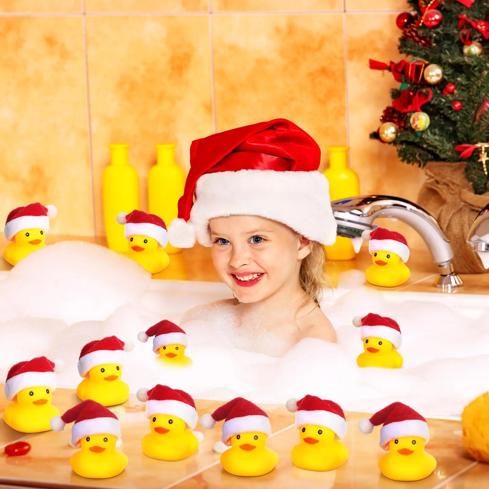 24/36/48 Pcs Christmas Rubber Ducks with Christmas Hats Small Bathtub Yellow Ducks Bath Toys for Baby Shower Holiday Decor Xmas 5
