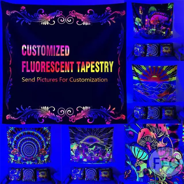 Tapisserie de lumière noire réactive UV personnalisée, décoration murale esthétique, trippy hippicopter, néon, décors de fête 3