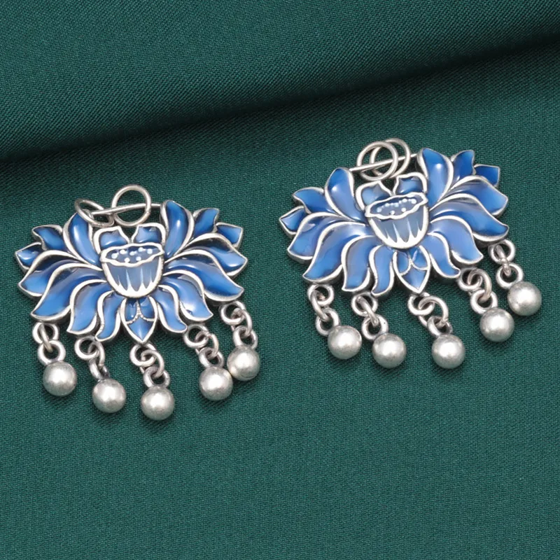 

925 Sterling Silver Enamel Lotus Seed Pod Pendant for Women Vintage Ethnic Tassel Pendants DIY Material for Jewelry Making DZ032