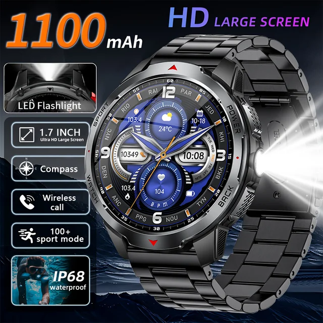 Smartwatch LED flashlight Outdoor compass BT call 100+ sports fitness tracker 1100 mah large capacity Voice assistant Smartwatch 1