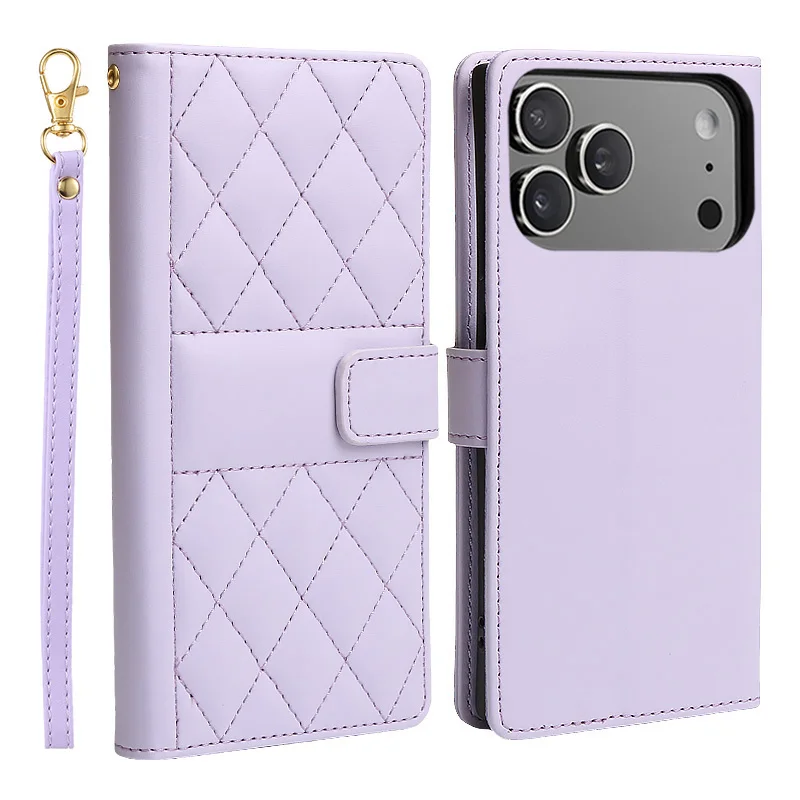 Checkered Leather Flip Wallet Phone Case with Card Slot and Stand