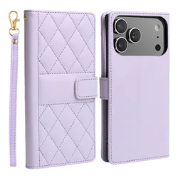 Checkered Leather Flip Wallet Phone Case with Card Slot and Stand - iPhone 12 Mini (Purple)