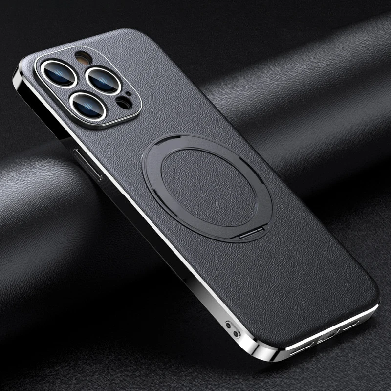 

Чехол из натуральной кожи для iPhone 15 Pro Max/15 Pro/15 Plus/15, [совместим с MagSafe] Вращающееся на 360° магнитное кольцо Гальваническая рамка Тонкий чехол с защитой от царапин