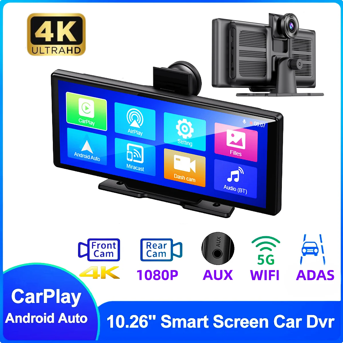 

4K 10.26" Car DVR ADAS WiFi Video Recorder Carplay&Android Auto Center Console Mirror 2160P FHD Rear Lens Video Dash Cam AUX