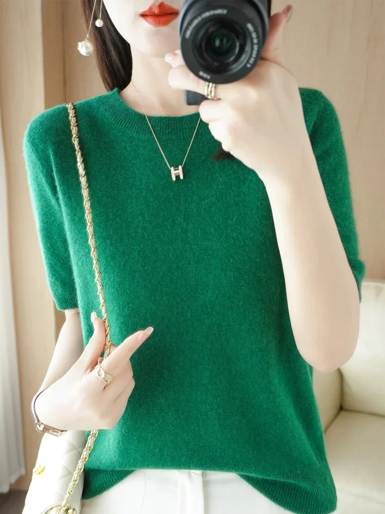 

2023 Spring Grace Comfort Women's O-neck Sweater Short Sleeved Clothing Cashmere Wool Sweater Pullover Soft Knitwear Top