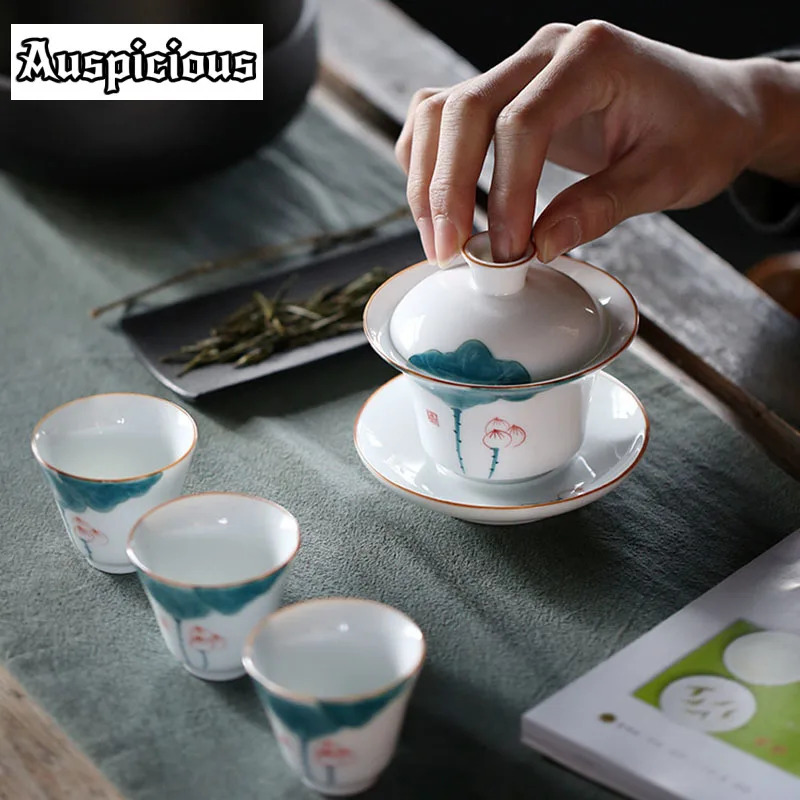 175ml Retro Ceramic Gaiwan Teacup Handmade Lotus Art Tea Tureen Boutique Tea Bowl Chinese Porcelain Teaware Accessorie Drinkware