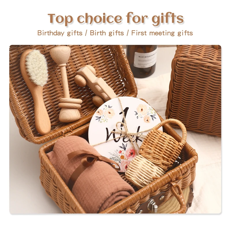 Wooden Baby Rattle Gift Set – Crochet Animal Toy & Montessori Keepsake Box