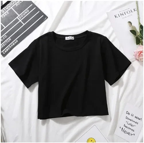 

2023 new white cropped T-shirt women's summer short sleeves solid color student high waist leaky navel loose and versatile