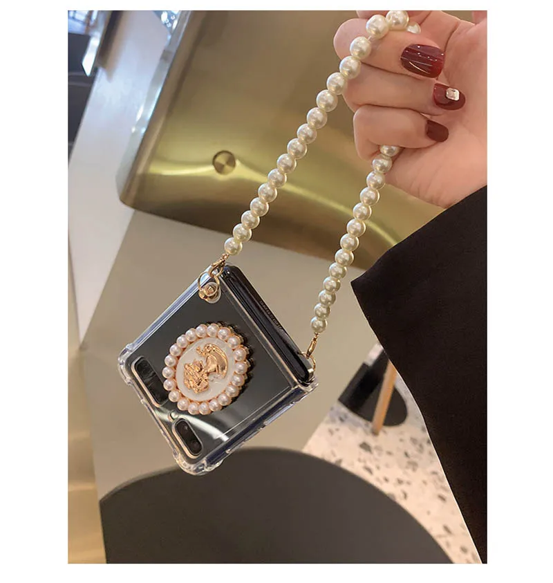 

Милые объемные подвески в виде головы королевы, жемчужный браслет-цепочка, противоударные Чехлы для Samsung Galaxy Z Flip 3 4 Flip3, флип-чехол для телефона P4