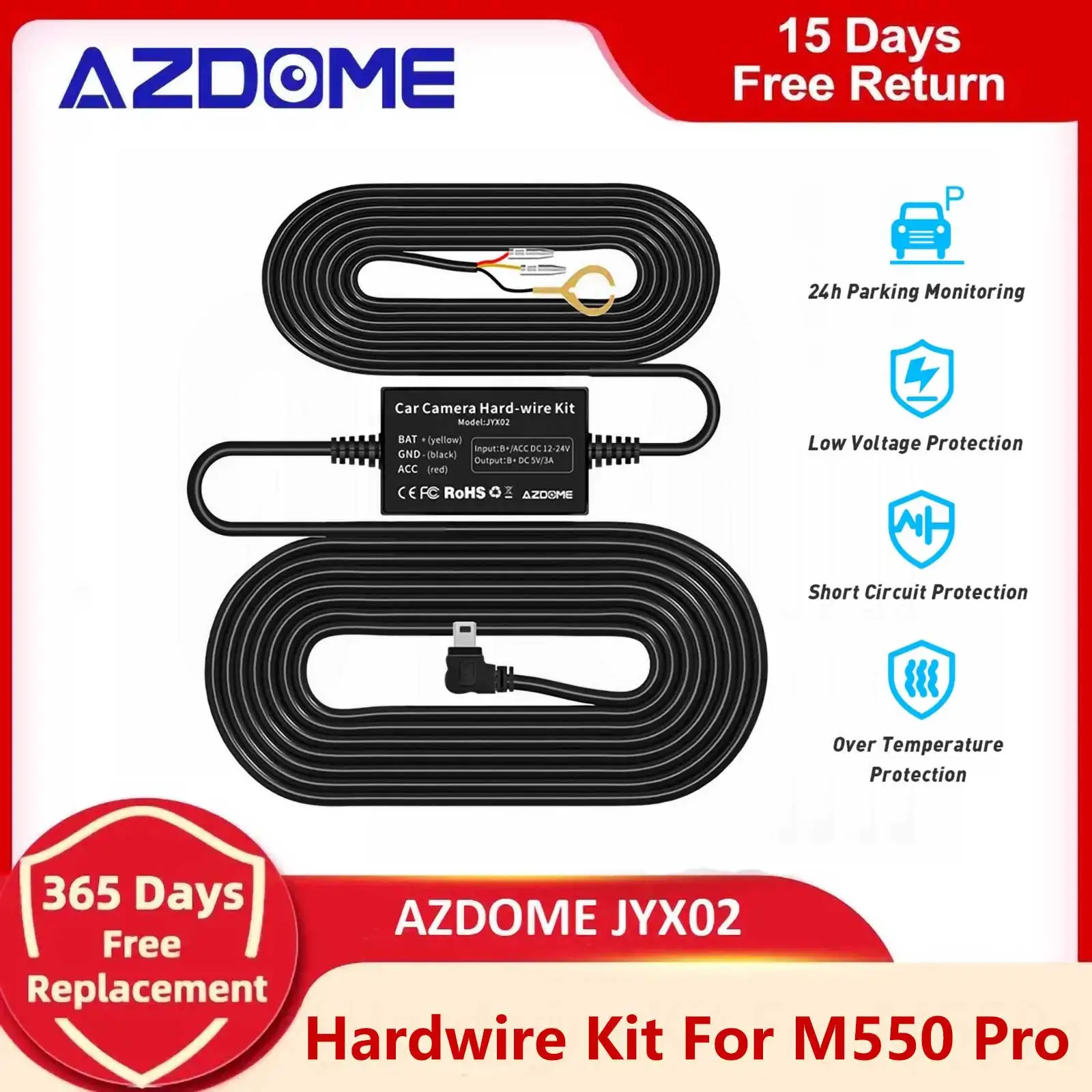 

AZDOME JYX02 Car DVR HardWire Kit For M550 Pro/M550 Low Vol Protection Mini USB Port ACC Power Cable 12V-24V in 5V2.5A Out