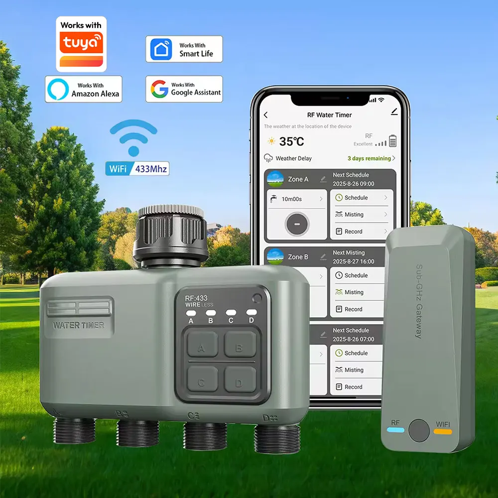 4-Zonen WLAN RF433 Bewässerungstimer Intelligenter Bewässerungstimer Wasserventilsteuerung Solarbetrieben Smart Life Tuya App Automatischer Bewässerungstimer