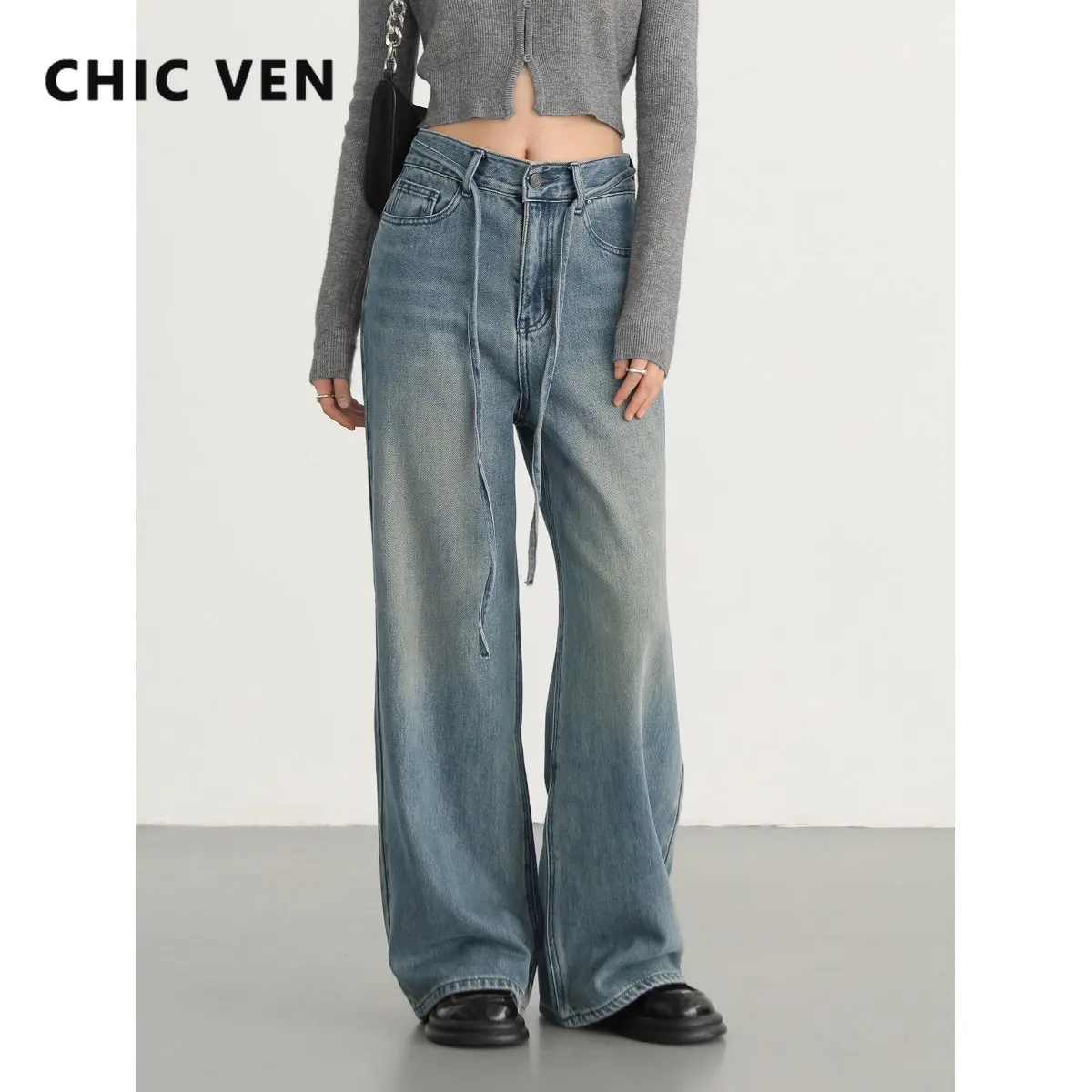 CHIC VEN Women's Jeans New High Waist Lace Up Wide Leg Denim Pants Streetwear Woman Trousers Autumn Spring 2023