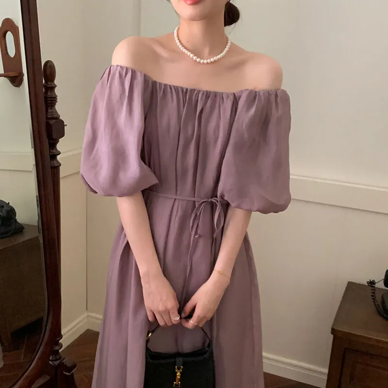 

Korean Chic Summer Minimalist Slash Neck Dress for Women Off Shoulder Pleated Short Lantern Sleeve Solid Color Long Vestidos