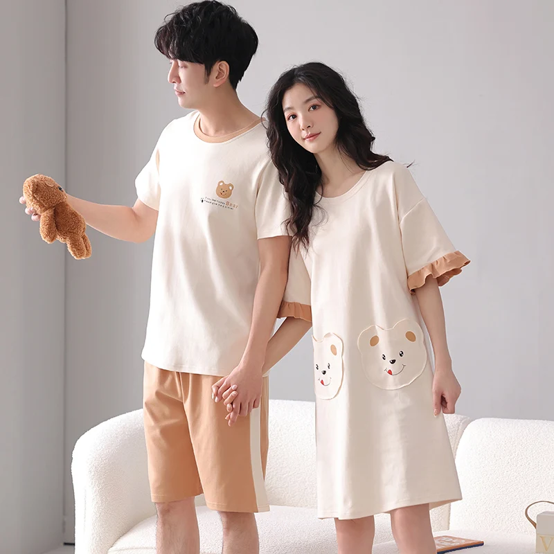 큰 사이즈 M-4XL 커플 잠옷 세트 여름 남성 반팔 잠옷 여성 잠옷 100% 코튼 홈 슈트