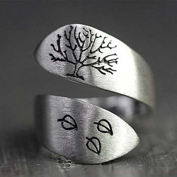 Silver Color Tree and Leaves Brushed Wedding Ring Ladies Punk Party Jewelry Creative Opening Simple Men Women Screwy Ring