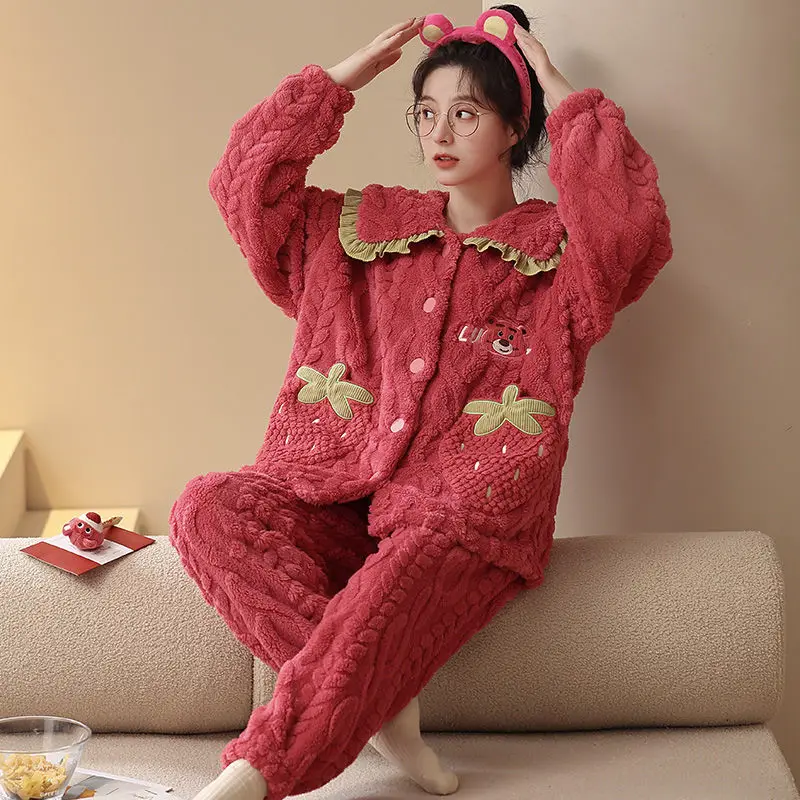 Autumn Winter Furry Pajama Lady Lovely Strawberry Bear Coral Velvet Pajama Set Nightdress Velvet Thickened  Wear A Homewear Set