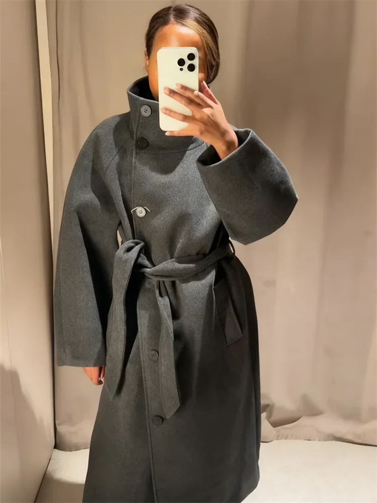Mode Damen Grau Stehkragen Langer Mantel mit Krawatte Taille Volle Ärmel Wollmischung Vintage Lady Winter Oberbekleidung High Street Outfit – Detail 5