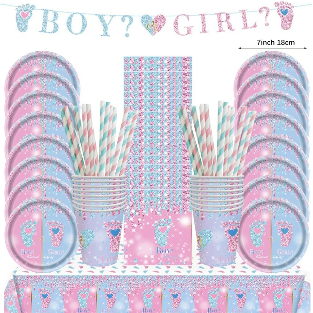 Geschlecht offenbaren Einweggeschirr-Set für Jungen oder Mädchen, Babyparty, Pappteller, Tassen, Tischdecke, Servietten, Geburtstagsparty-Dekorationen