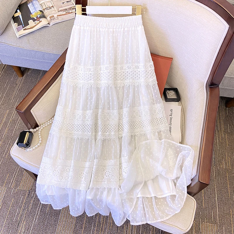 Tigena Patchwork Lace Chiffon Long Skirt Women Summer Korean