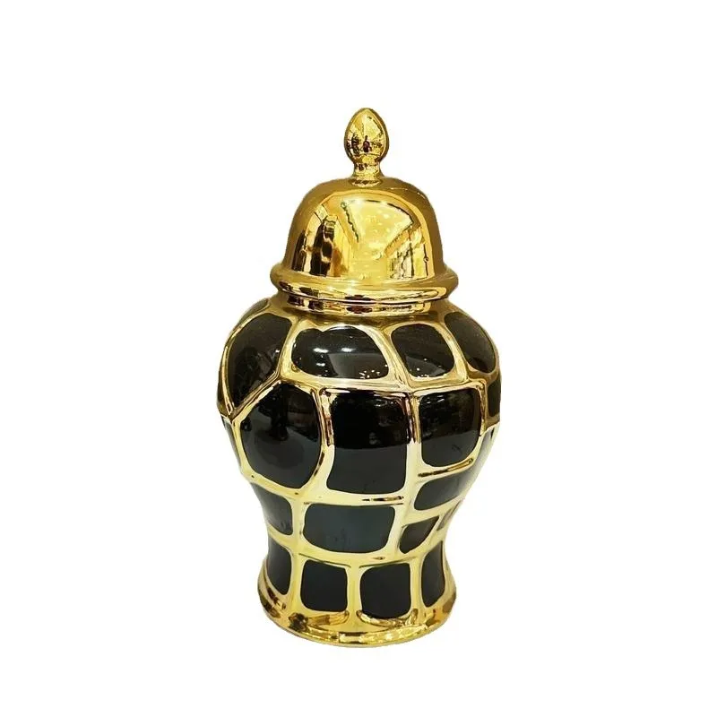 Black Plaid Can Ceramic Checkmate Jar Flower Vase Sealed Storage Tank Ginger Jar Chinese Porcelain Handicrafts Home Decoration 6