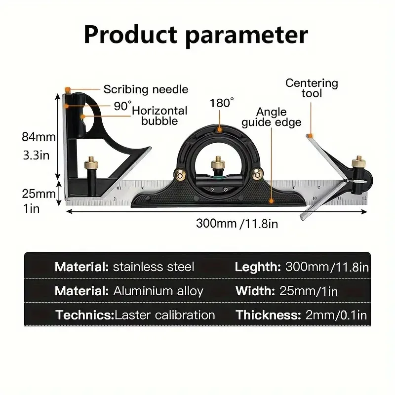 300mm Adjustable Combination Square Angle Ruler 45 /90Degree With Bubble Level Multifunctional Gauge Angle Ruler Measuring Tool 4