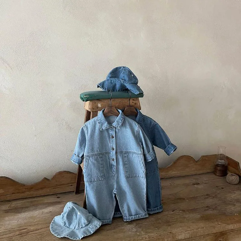 2022 Spring New Baby Denim Romper Solid Infant Toddler Pocket Jumpsuit Newborn Denim Clothes Baby Boy Girl Jean Overalls 0-24M Bamboo fiber children's clothes