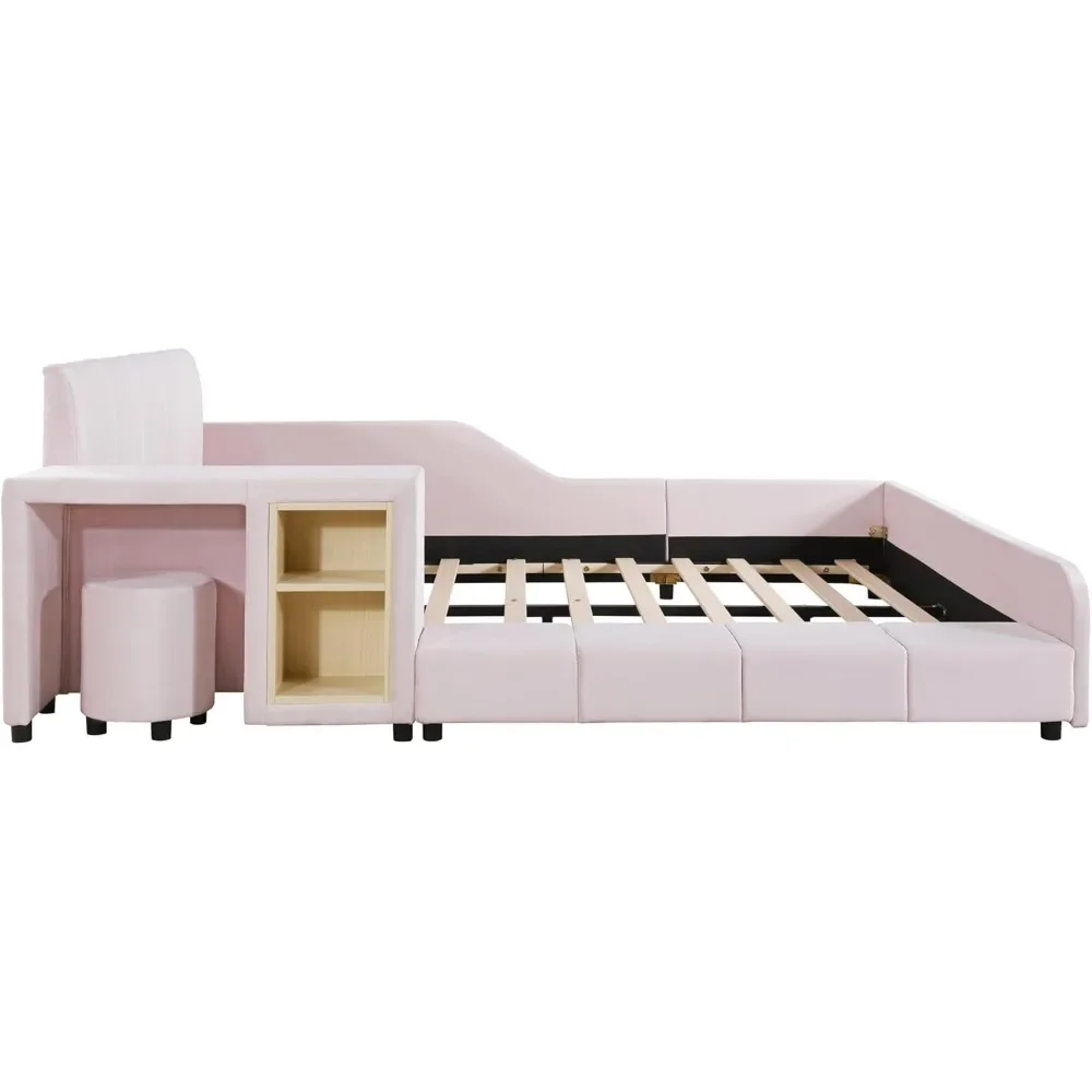 Modern Full Size Upholstered Grounded Bed Mother & Child Bed Velvet Fabric Upholstered Floor Platform Bed with Bedside Desk 5