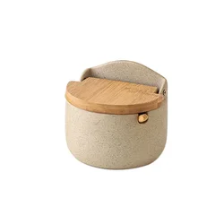 Japanese Style Ceramic Seasoning Jar with Bamboo Lid and Spoon - Kitchen Storage Container for Sugar, Salt, and Spices (1Pcs)